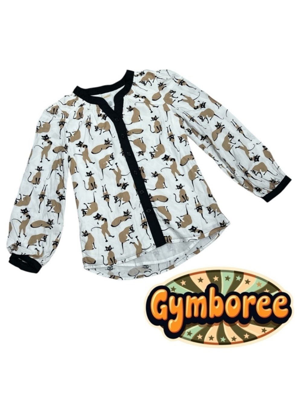 Gymboree Retro Cat Print Button Down Blouse Girls Size 7 NWT White Black Tan - Picture 2 of 8